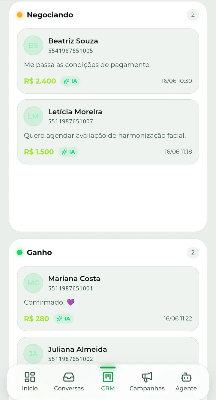 Quadro de CRM do Zapidez com clientes em negociação e vendas fechadas
